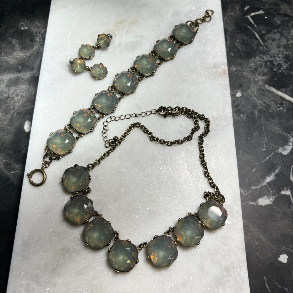 Brass Tone Jewel Opal Set Necklace Earrings Bracelet Costume Jewelry